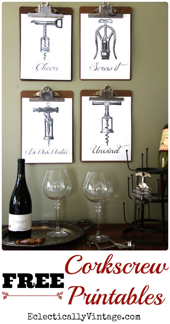 FREE Corkscrew Wine Printables - these would be cute hostess gifts - just frame and give with a bottle of wine! kellyelko.com #wine #free #freeart #freeprintables #cheers #art #vintageart 