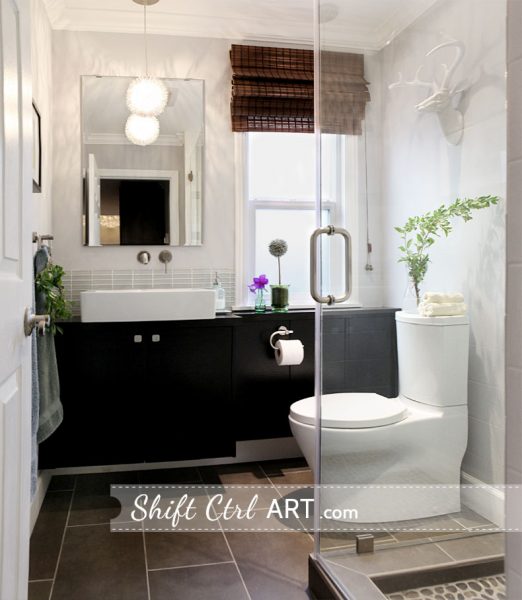 Love everything about this beautiful bathroom!  Great use of storage in such a small space kellyelko.com