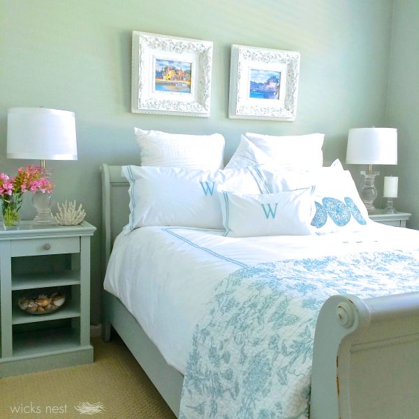 Cozy guest bedroom - love the monogrammed pillows kellyelko.com