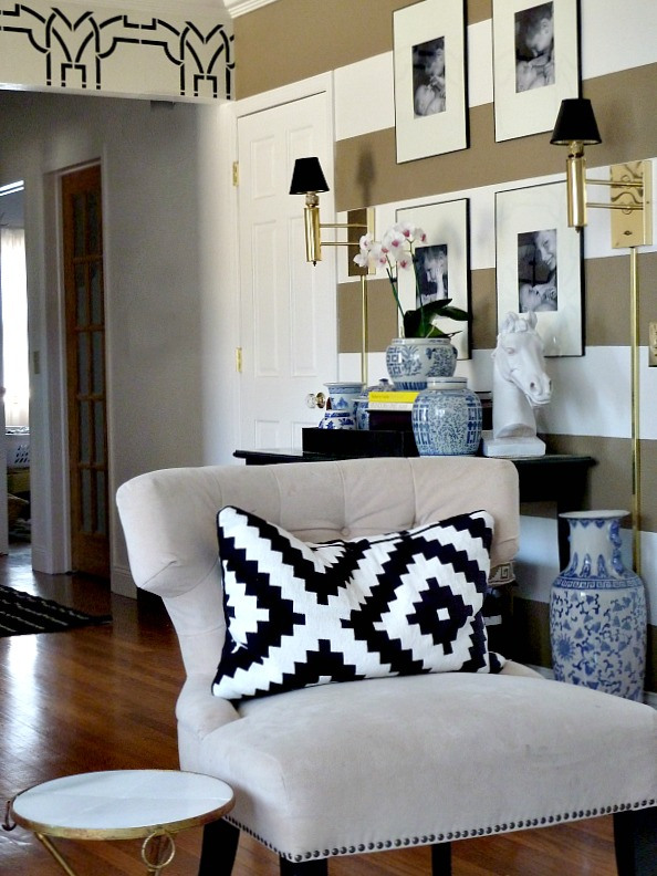 Eclectic home tour - love the striped entry foyer kellyelko.com