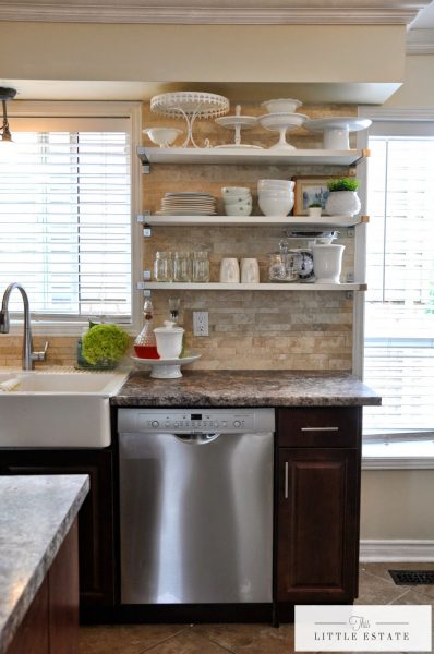 I love open shelves in a kitchen - beautifully styled too kellyelko.com