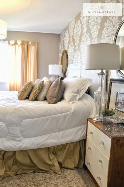 Beautiful neutral bedroom - love the stenciled wall kellyelko.com