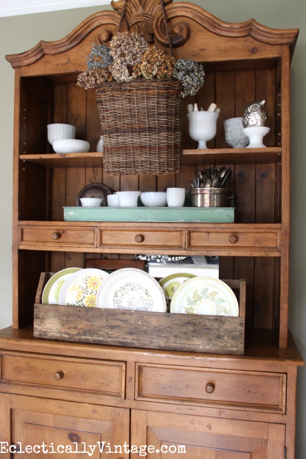 Layer a hanging basket over your shelves or dining hutch kellyelko.com #EclecticallyFall