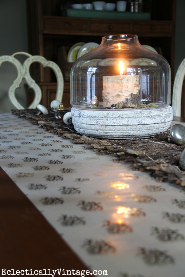 Love this table - the layering of the paper, twigs and terrarium kellyelko.com #EclecticallyFall