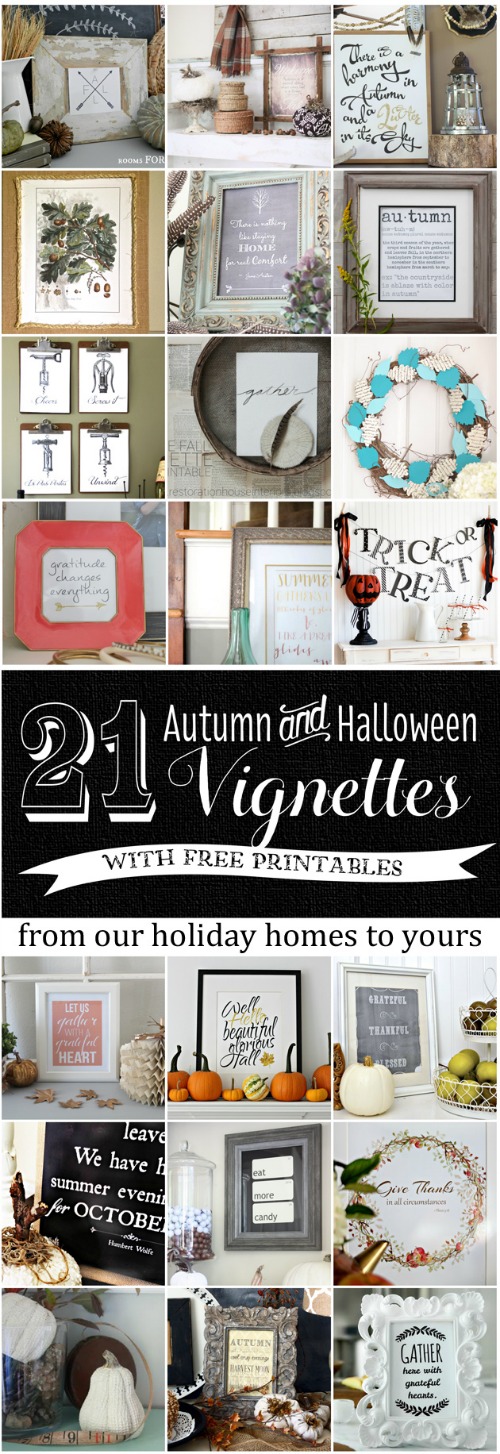 21 Fall FREE Printables - see how to decorate a cute vignette around each printable! #FreePrintablesForFall kellyelko.com