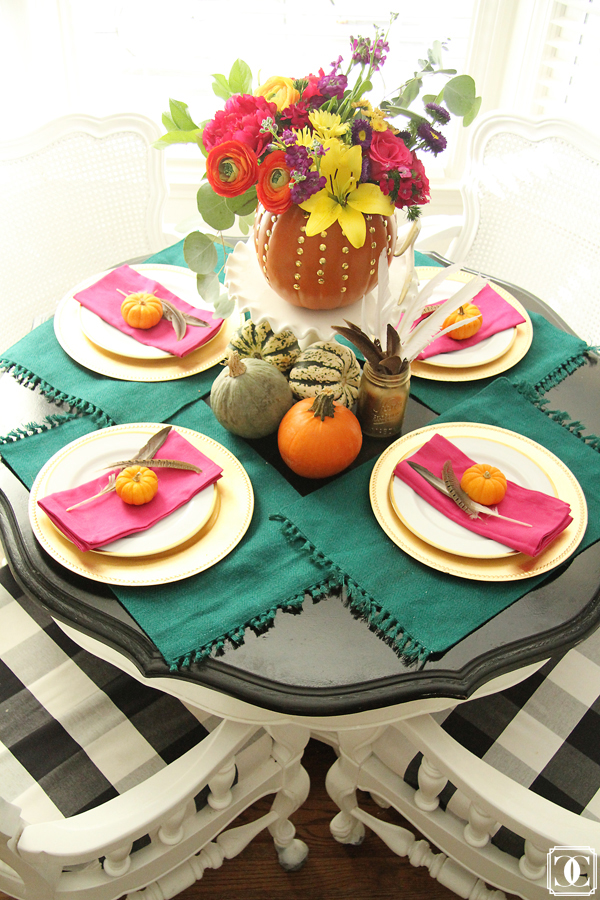 Festive fall table - love the pumpkin vase kellyelko.com