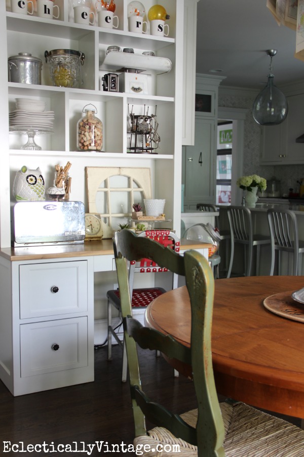 Love the kitchen desk cubbies and the fun display kellyelko.com #EclecticallyFall