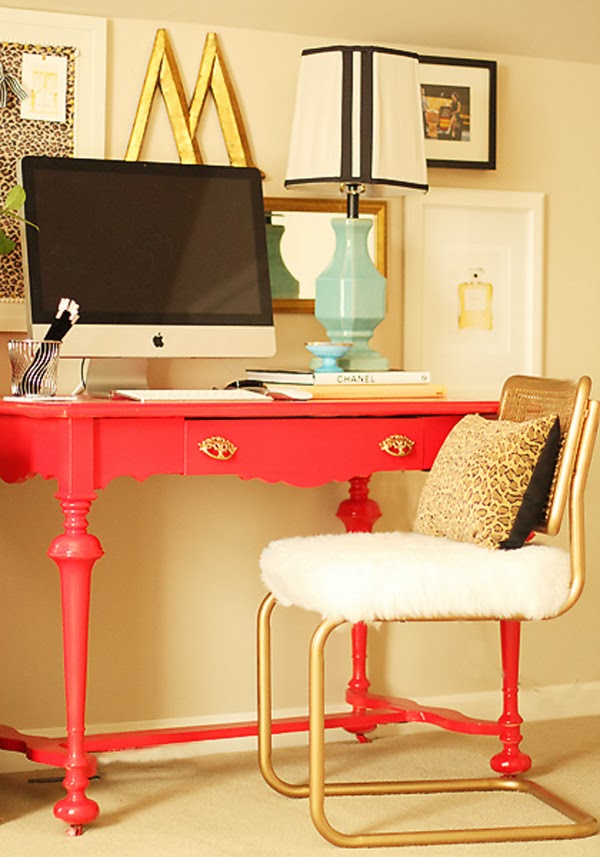 Fun home office - love the colors and the gold vintage chair kellyelko.com