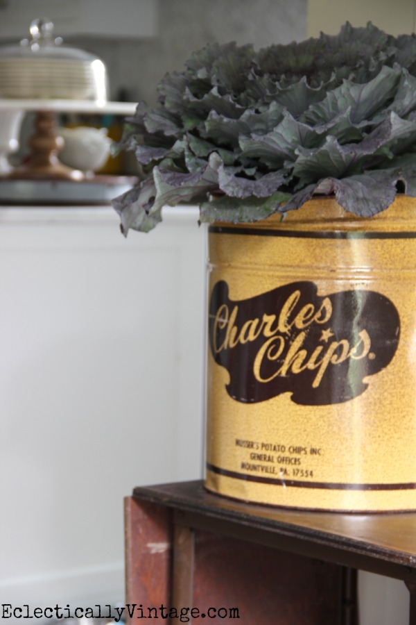 Vintage Charles Chips canister makes a fun vase kellyelko.com #EclecticallyFall