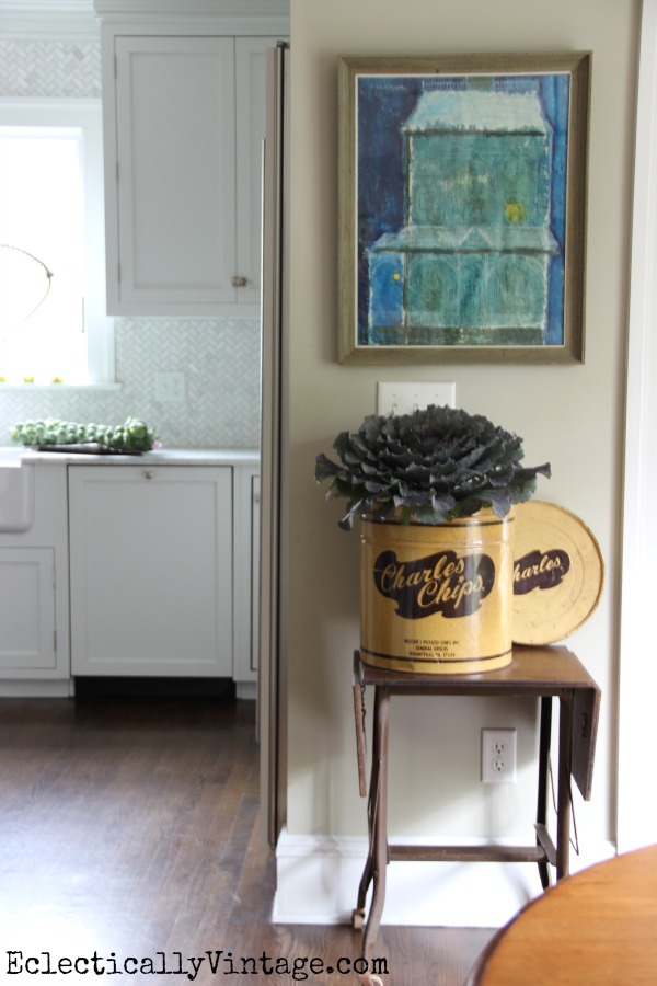 This kitchen is gorgeous and fun! Love the old Charles Chips container as a vase kellyelko.com #EclecticallyFall