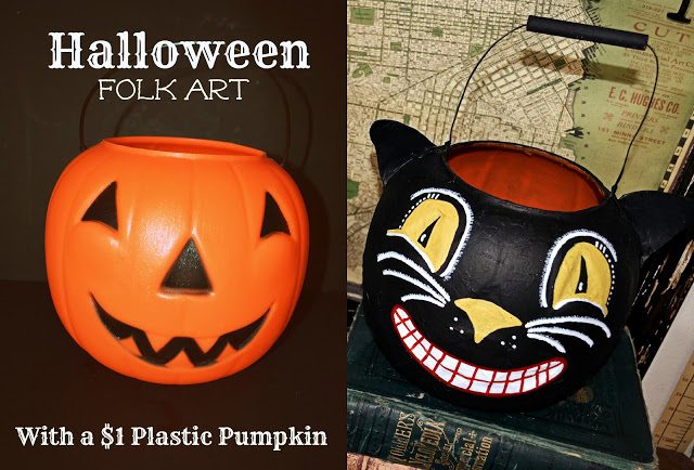 Halloween Folk Art Cat - one of 8 creative ideas to transform those pumpkin pails! kellyelko.com