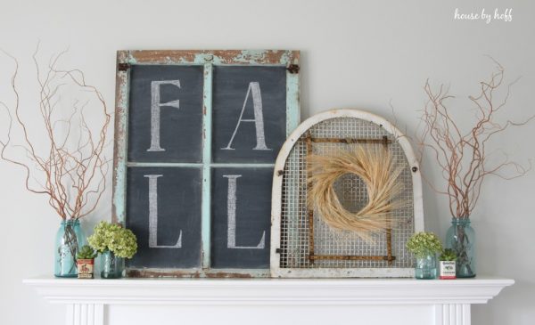 Fall mantel ideas - love the chalkboard window kellyelko.com