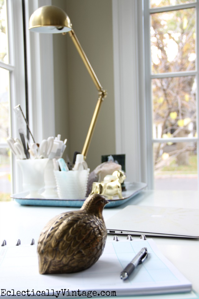 Love these brass desk accessories - the vintage style brass lamp is amazing! kellyelko.com