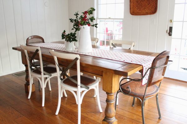 Love the mismatched chairs and the DIY farmhouse table kellyelko.com