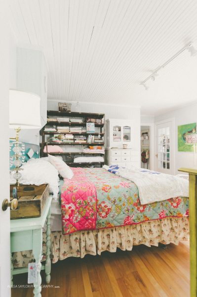 Flea market bedroom - love the mix of bedding prints and the open shelving kellyelko.com