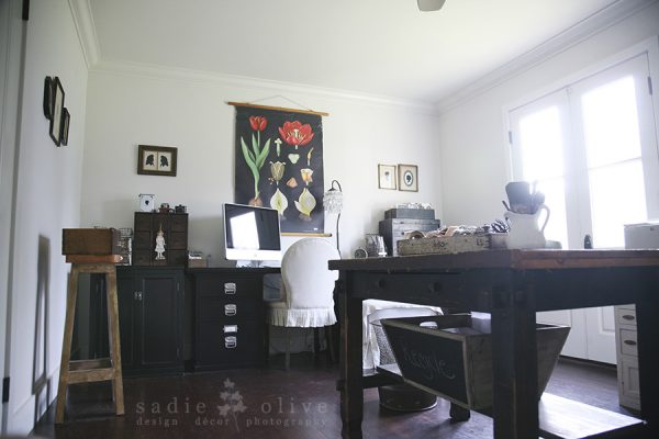 Love this vintage filled home office - that industrial desk is amazing kellyelko.com