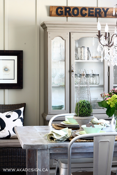 Weathered gray hutch and love the grocery sign in this dining room kellyelko.com