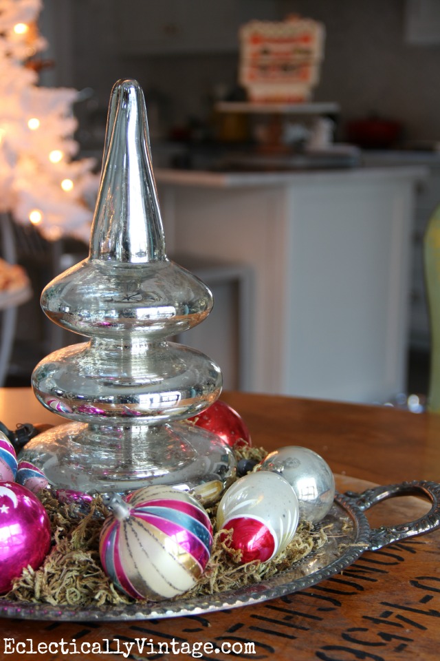 Christmas centerpiece - mercury glass tree and vintage Shiny Brites kellyelko.com