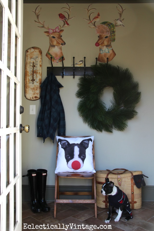 Such a cute mudroom decked out for Christmas - love the reindeer couple Wallternatives  kellyelko.com