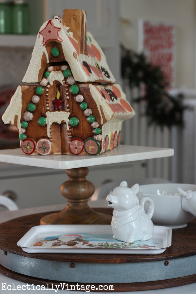 Vintage gingerbread house cookie jar - fun in this Christmas kitchen kellyelko.com