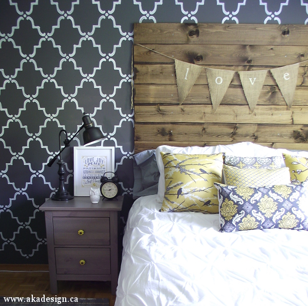 Love this DIY rustic headboard and dramatic dark stenciled wall kellyelko.com