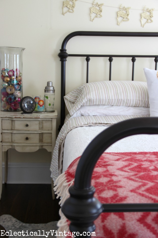 Antique style bed - love the striped bedding too kellyelko.com