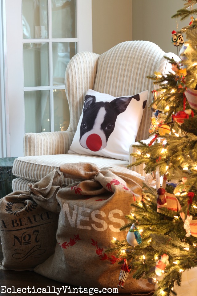 Boston Terrier Christmas pillow - love the big red Rudolph nose! kellyelko.com