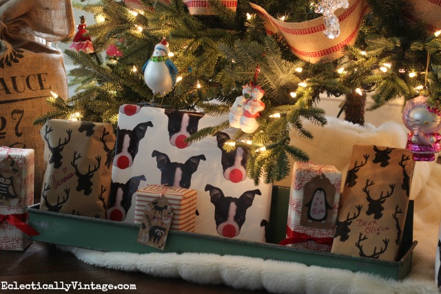 Love the furry white blanket as a Christmas tree skirt - and the adorable custom Boston Terrier wrapping paper! kellyelko.com