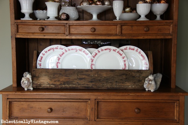 Vintage milk glass and an old toolbox - fun Christmas decorating ideas kellyelko.com