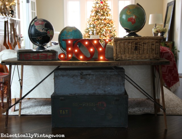 Joy to the World! What a fun Christmas decorating idea - love the marquee sign and the vintage globes kellyelko.com