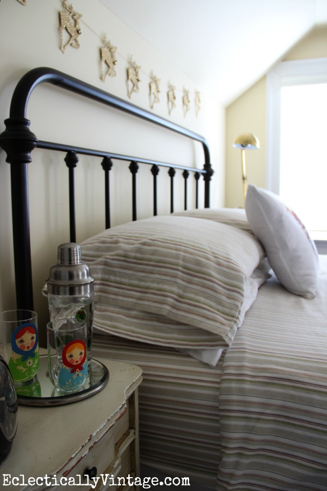 Beautiful bedroom - love the cozy striped flannel sheets kellyelko.com