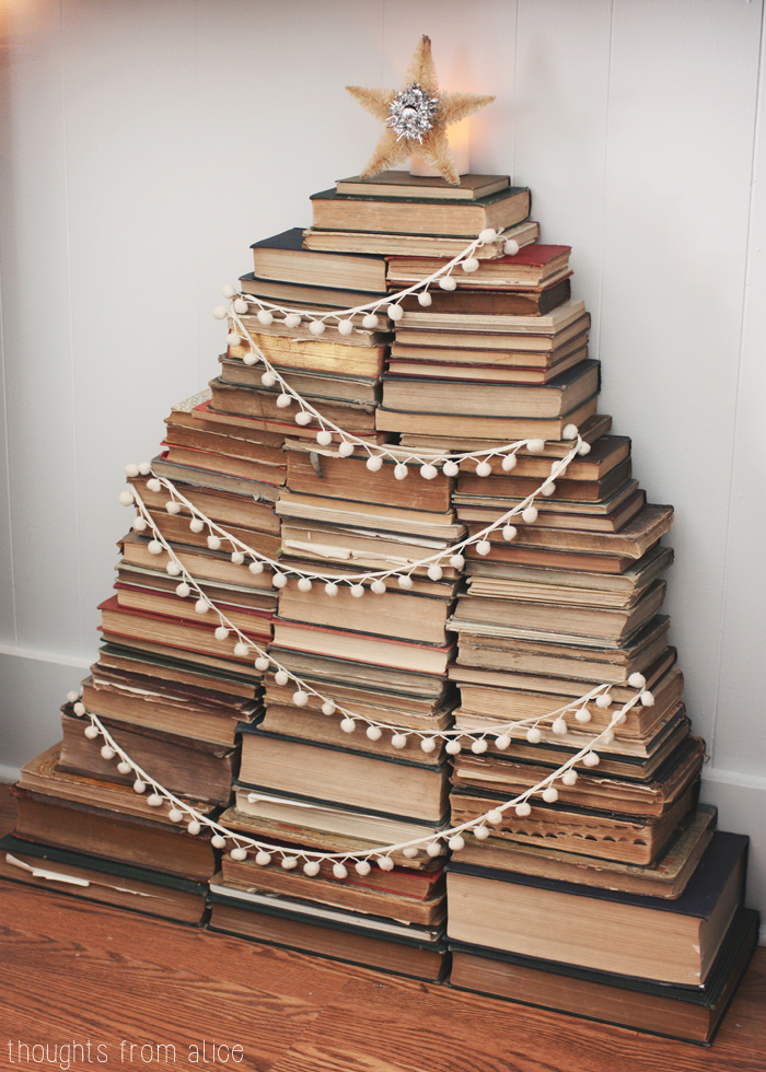 Vintage book Christmas tree - one of 10 creative Christmas tree ideas kellyelko.com