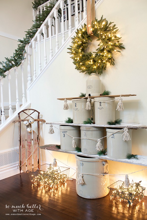 Vintage Crock Christmas Tree - this is such a cute idea and her entire Christmas home tour is gorgeous! kellyelko.com