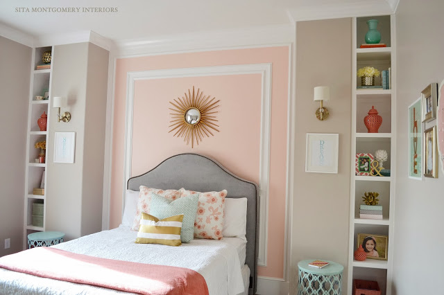 Pink girls bedroom - love the built in shelves flanking the bed kellyelko.com