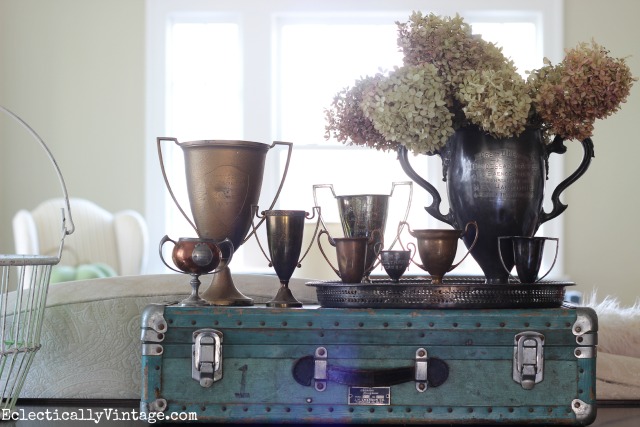 Antique loving cups - love the way they are displayed kellyelko.com