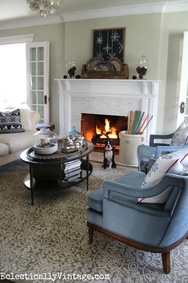 Cozy winter decorating ideas - love the rustic mantel and the roaring fire kellyelko.com