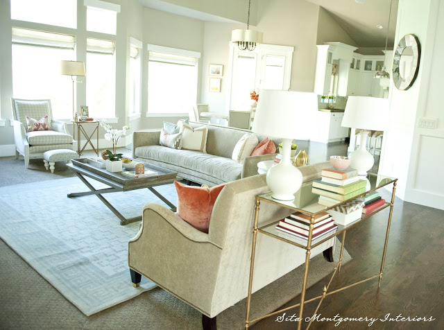 Love this family room layout - and the sofa table with two lamps kellyelko.com