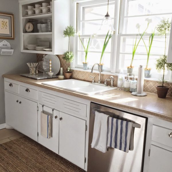 Charming country kitchen - love the open shelves filled with white china kellyelko.com