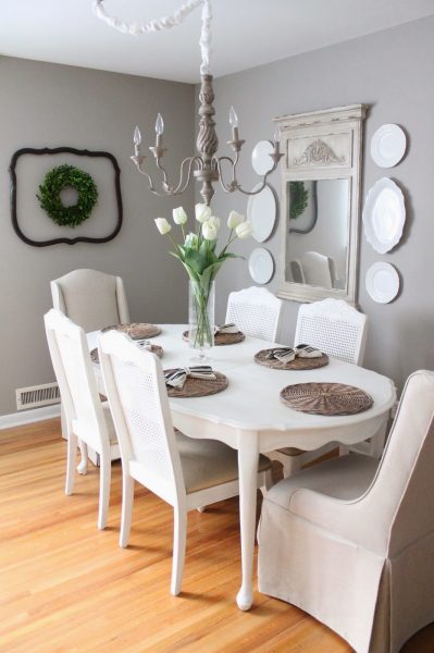 Neutral gray dining room - love the plate wall kellyelko.com