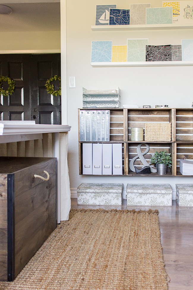 Inexpensive crates become unique storage in this beautiful home office kellyelko.com