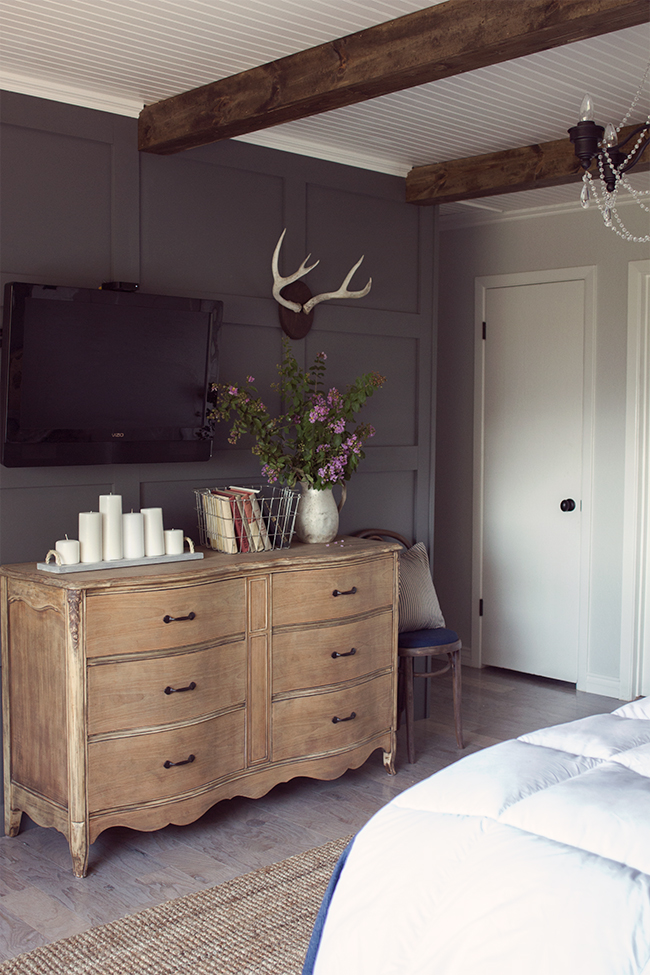 Stunning master bedroom focal wall - love the dark gray color, the beams and the bead board kellyelko.com