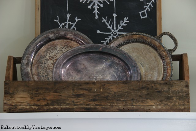 Vintage silver platters in a rustic wooden toolbox kellyelko.com