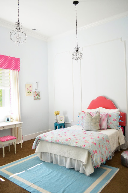 White girls bedroom gets color from fabric kellyelko.com