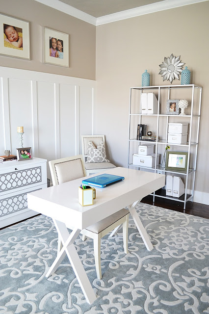 Creative home office - love the floating desk and the metal shelves kellyelko.com