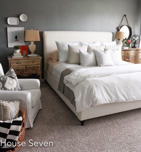 Cozy bedroom -love the gray wall color with white bedding eclectiallyvintage.com