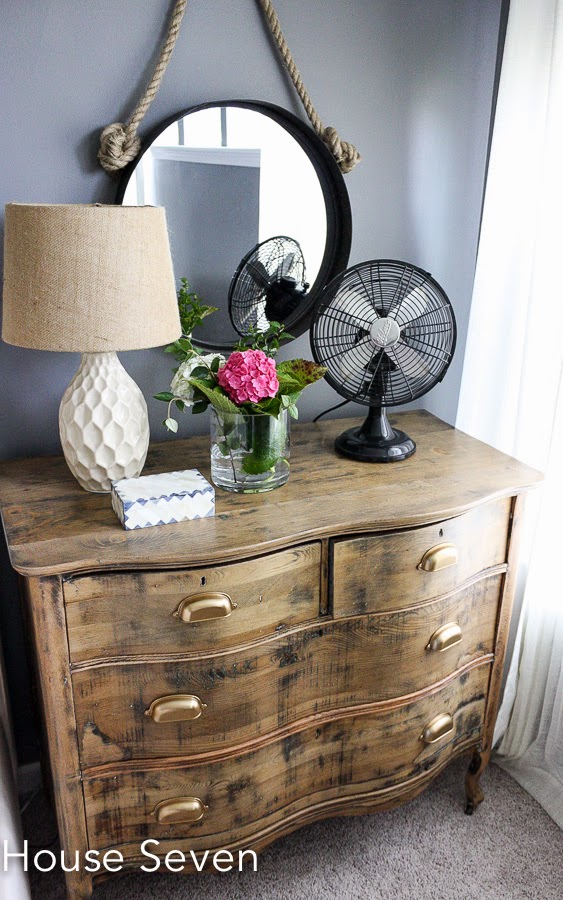 Dresser as nightstand - love the stripped down finish and brass cup pulls kellyelko.com