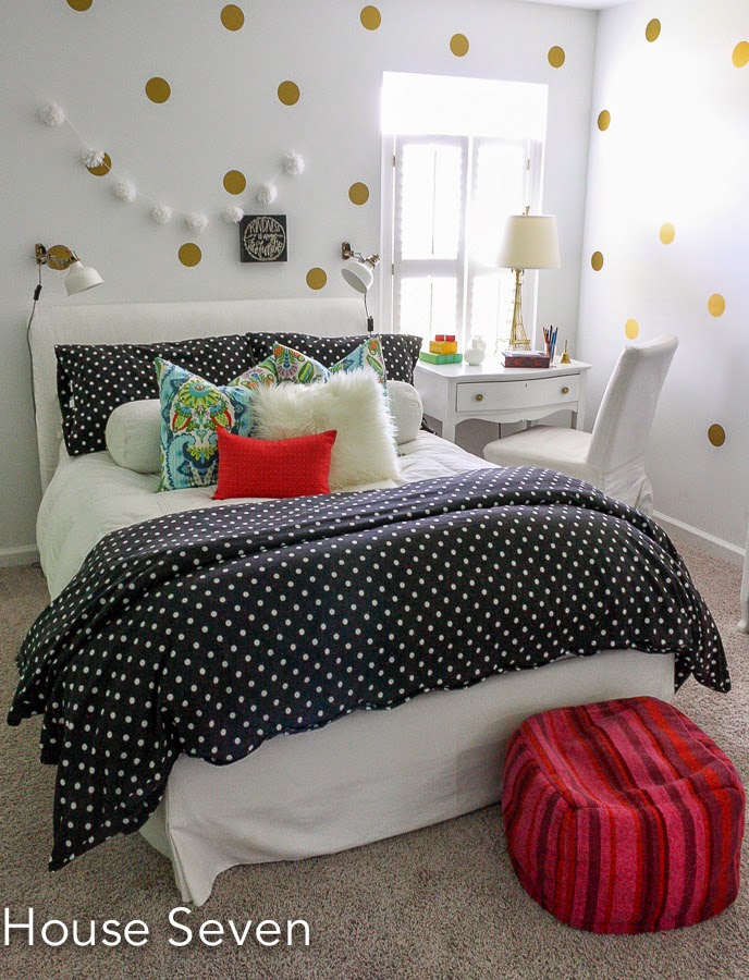 Glam girls room - love the gold dot wall and the colorful bedding kellyelko.com