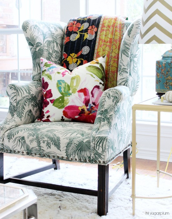 Fabulous mix of color and patterns in this chair, throw and pillow kellyelko.com