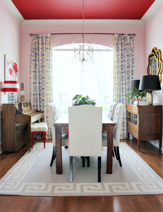 Go bold in the dining room - love the red ceiling kellyelko.com