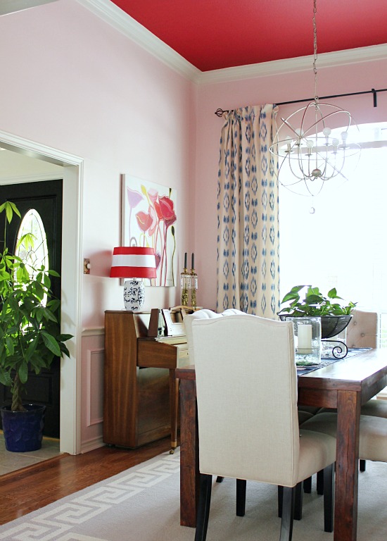 Chic dining room with red ceiling and pink walls! kellyelko.com